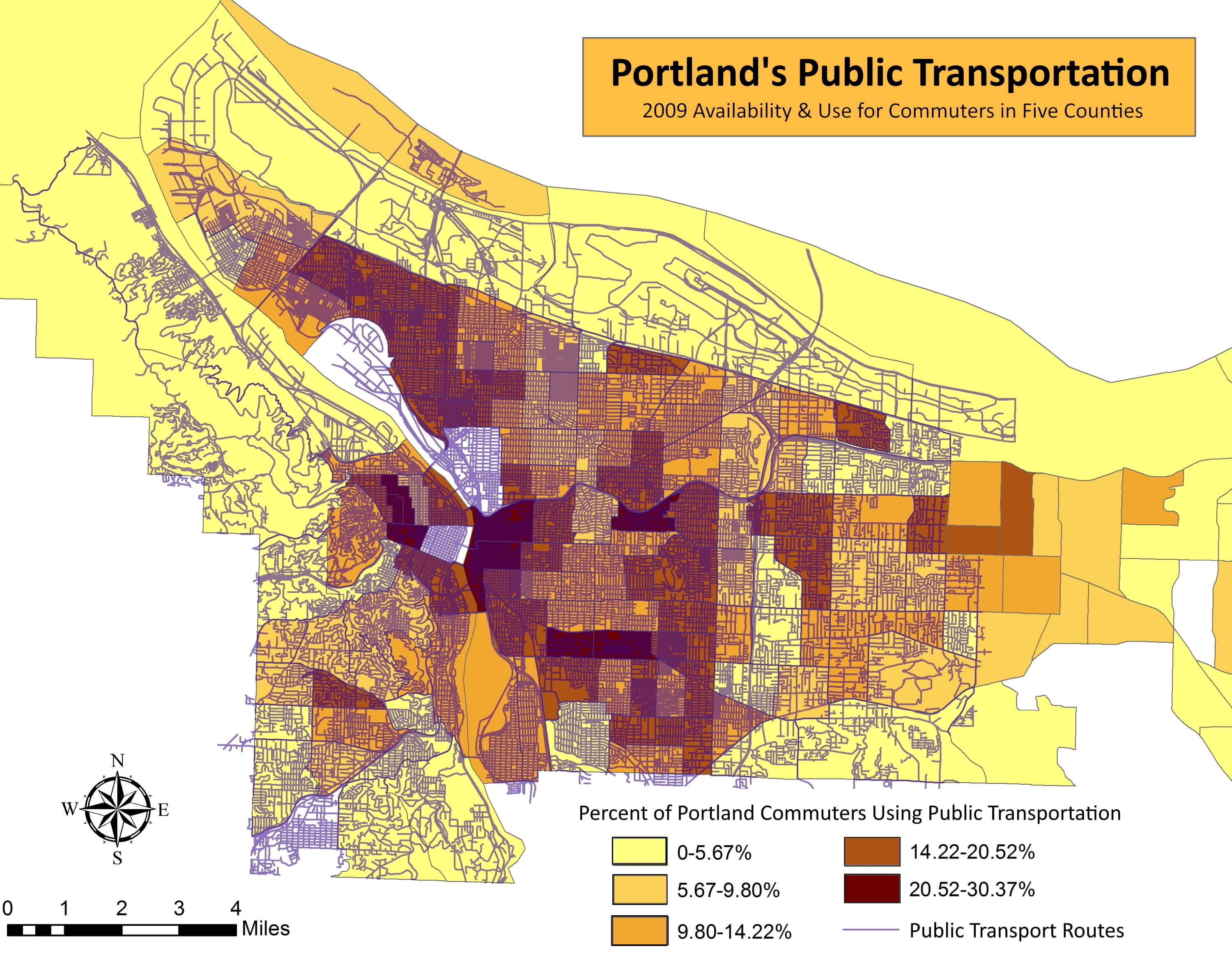 Map of Portland Oregon's Public Transportation Availability and Use for Commuters in Five Counties